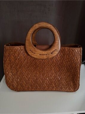 Fossil Woven Tan Satchel with Wooden Ring Handles